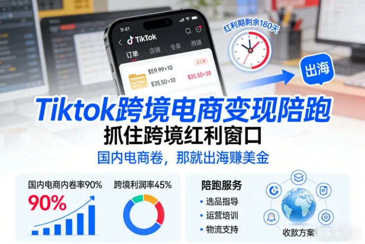 Tiktok跨境电商变现陪跑，抓住跨境红利窗口，国内电商卷，那就出海賺美金-网亿资源平台