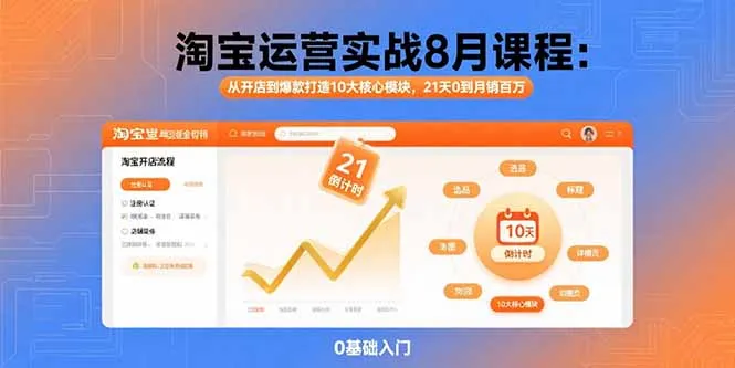 淘宝运营实战8月课程：从开店到爆款打造10大核心模块，21天0到月销百万-网亿资源平台