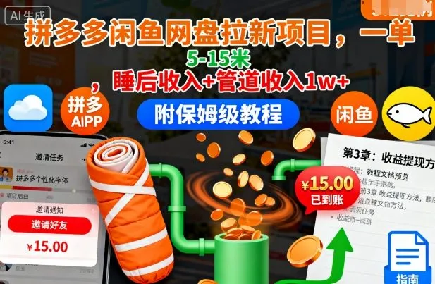 拼多多闲鱼网盘拉新项目，一单5-15米，睡后收入+管道收入1w+(附保姆级教程)-网亿资源平台