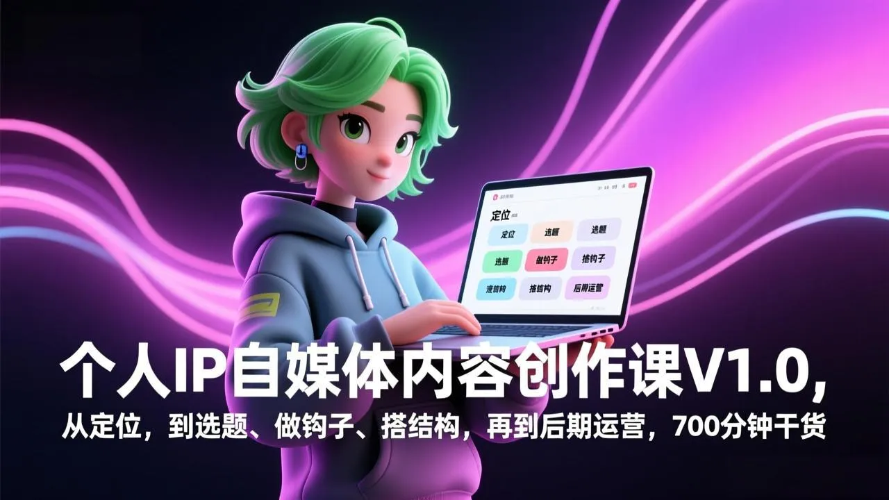 个人IP自媒体内容创作课V1.0，从定位，到选题、做钩子、搭结构，再到后期运营，700分钟干货-网亿资源平台