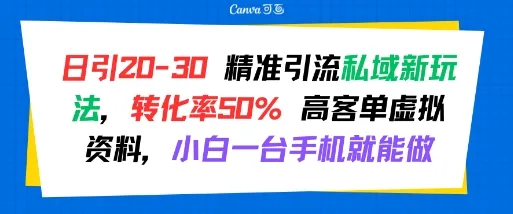 日引 20-30 精准引流私域新玩法，转化率50% 高客单虚拟资料，小白一台手机就能做-网亿资源平台
