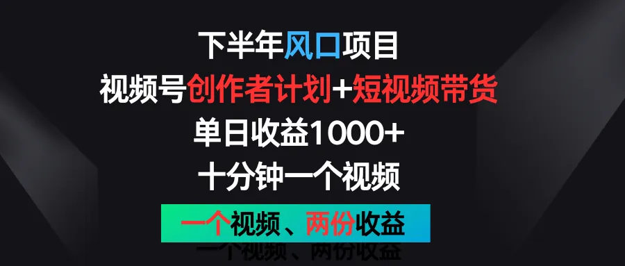 下半年风口项目，视频号创作者计划+视频带货，单日收益1000+，一个视频两份收益-网亿资源平台