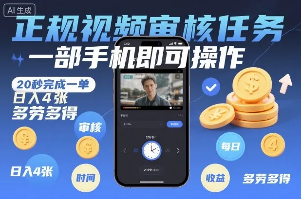正规视频审核任务，一部手机即可操作，20秒完成一单，日入4张，多劳多得【揭秘】-网亿资源平台
