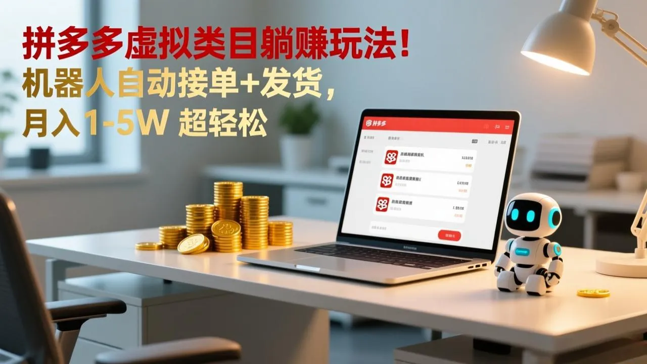 多多虚拟类目躺赚玩法！机器人自动接单+发货，月入 1-5W 超轻松-网亿资源平台