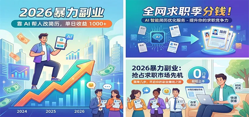 2026暴力副业：靠AI帮人改简历，单日收益1000+，全网求职季分钱-网亿资源平台
