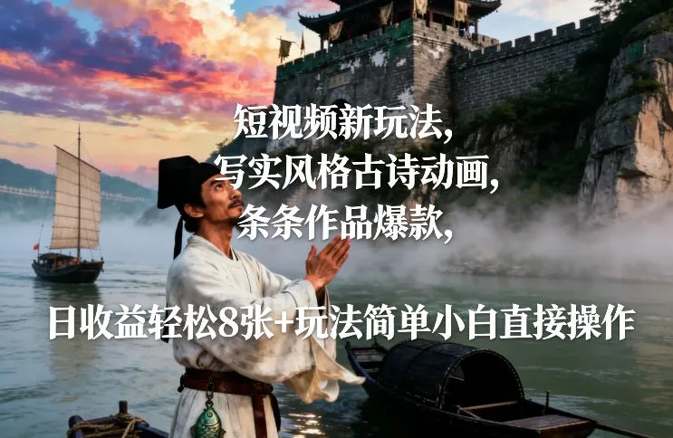 短视频新玩法，写实风格古诗动画，条条作品爆款，日收益轻松8张+玩法简单小白直接操作-网亿资源平台