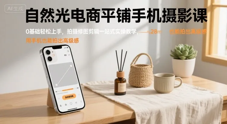 自然光电商平铺手机摄影课，0基础轻松上手，拍摄修图剪辑一站式实操教学，用手机也能拍出高级感-网亿资源平台