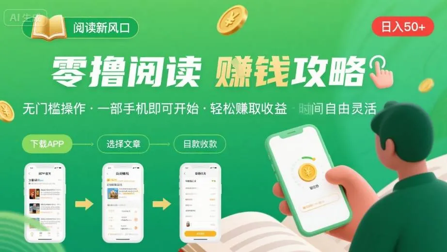 零撸阅读新风口，无门槛轻松挣，一部手机，日入 50-3张【揭秘】-网亿资源平台