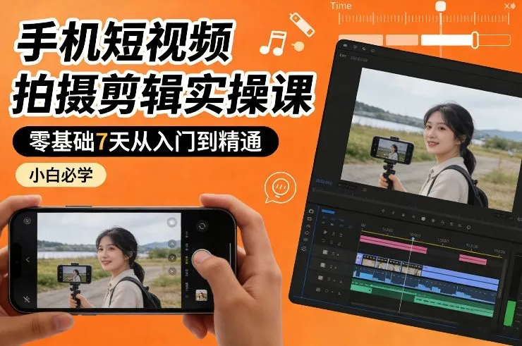 手机短视频拍摄剪辑实操课，零基础7天从入门到精通，小白必学-网亿资源平台