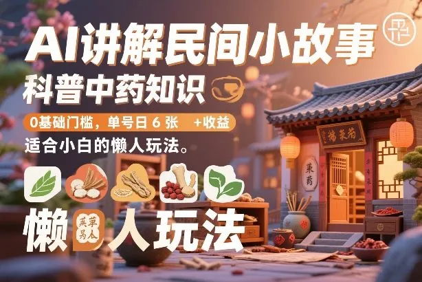 AI讲解民间小故事，科普中药知识，0基础门槛，单号日6张+收益，适合小白的懒人玩法-网亿资源平台