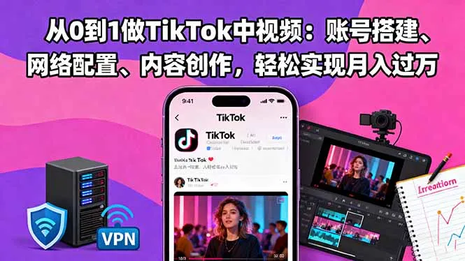 从0到1做TikTok中视频：账号搭建、网络配置、内容创作，轻松实现月入过万-网亿资源平台