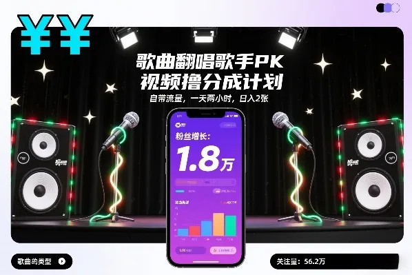 歌曲翻唱歌手PK视频撸分成计划，自带流量，一天两小时，日入2张-网亿资源平台