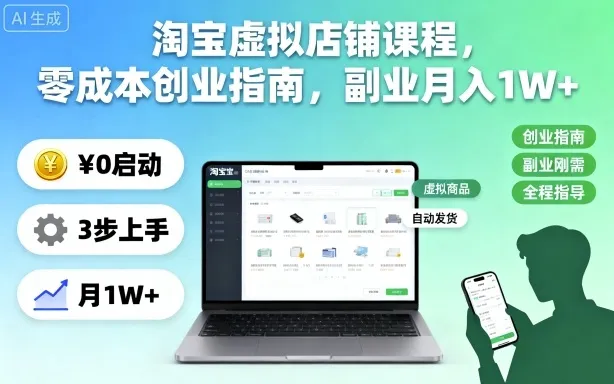 淘宝虚拟店铺课程，零成本创业指南，副业月入1W+-网亿资源平台