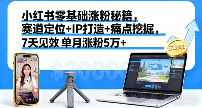 小红书零基础涨粉秘籍，赛道定位+IP打造+痛点挖掘，7天见效 单月涨粉5万+-网亿资源平台