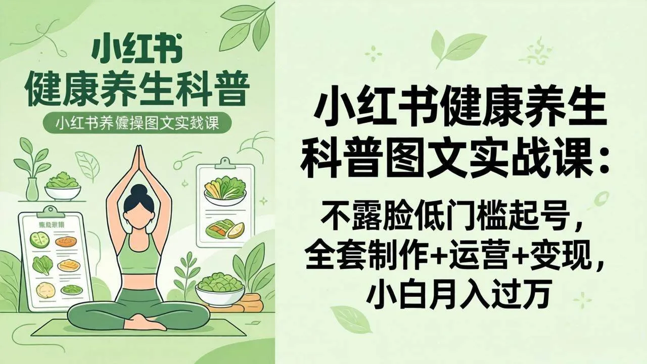 【精】2026小红书健康养生科普图文实战课：不露脸低门槛起号，全套制作+运营+变现，小白月入过万-网亿资源平台