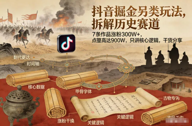 抖音掘金另类玩法，拆解历史赛道，7条作品涨粉300W+，点赞量高达900W，只讲核心逻辑，干货分享-网亿资源平台