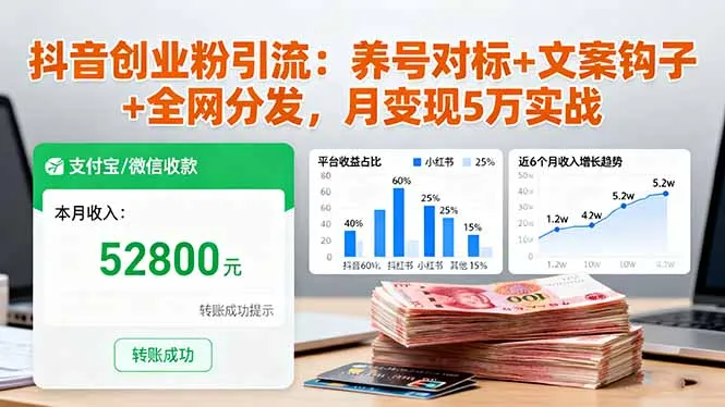 抖音创业粉引流：养号对标+文案钩子+全网分发，月变现5万实战-网亿资源平台