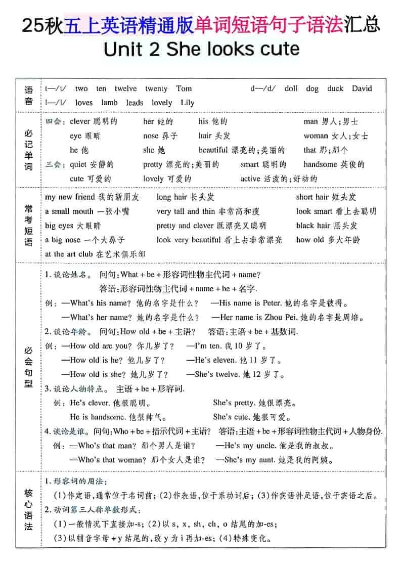 五年级上上英语单词短语句子语法汇总人教精通版-网亿资源平台