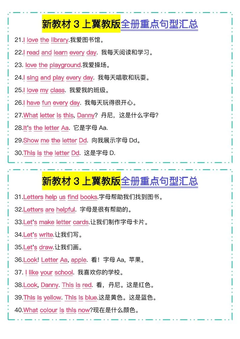 新教材三上英语冀教版全册重点句型汇总-网亿资源平台