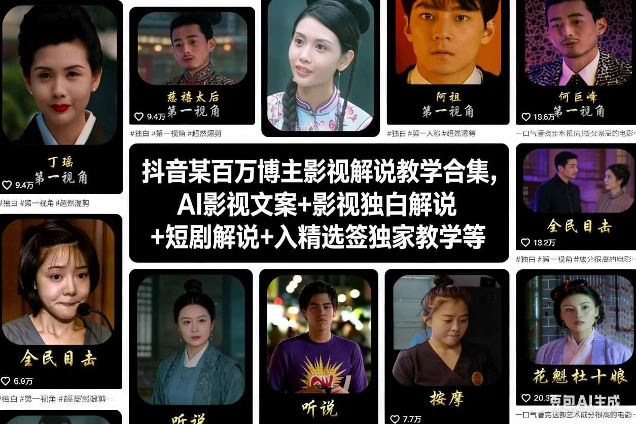 抖音某百万博主影视解说教学合集，AI影视文案+影视独白解说+短剧解说+入精选签独家教学等-网亿资源平台