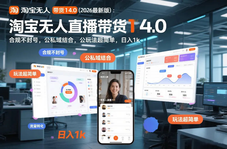 淘宝无人直播带货14.0（2026最新版）：合规不封号，公私域结合，玩法超简单，日入1k+【揭秘】-网亿资源平台