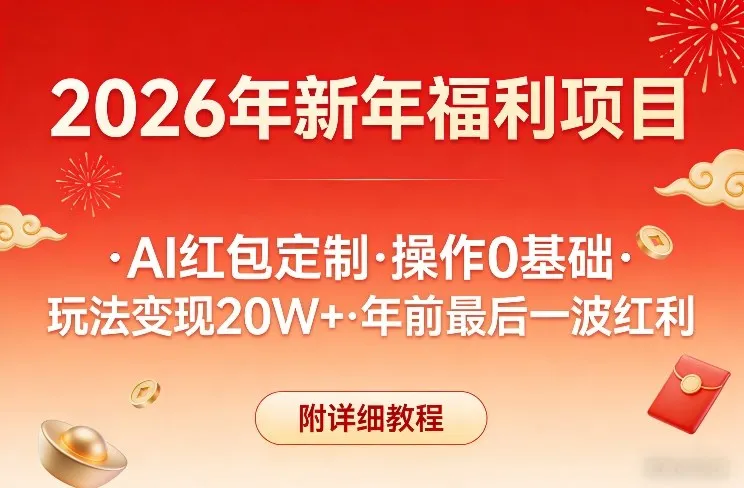 新年福利项目，AI红包定制，操作0基础，玩法变现20W+年前最后一波红利，附详细教程-网亿资源平台