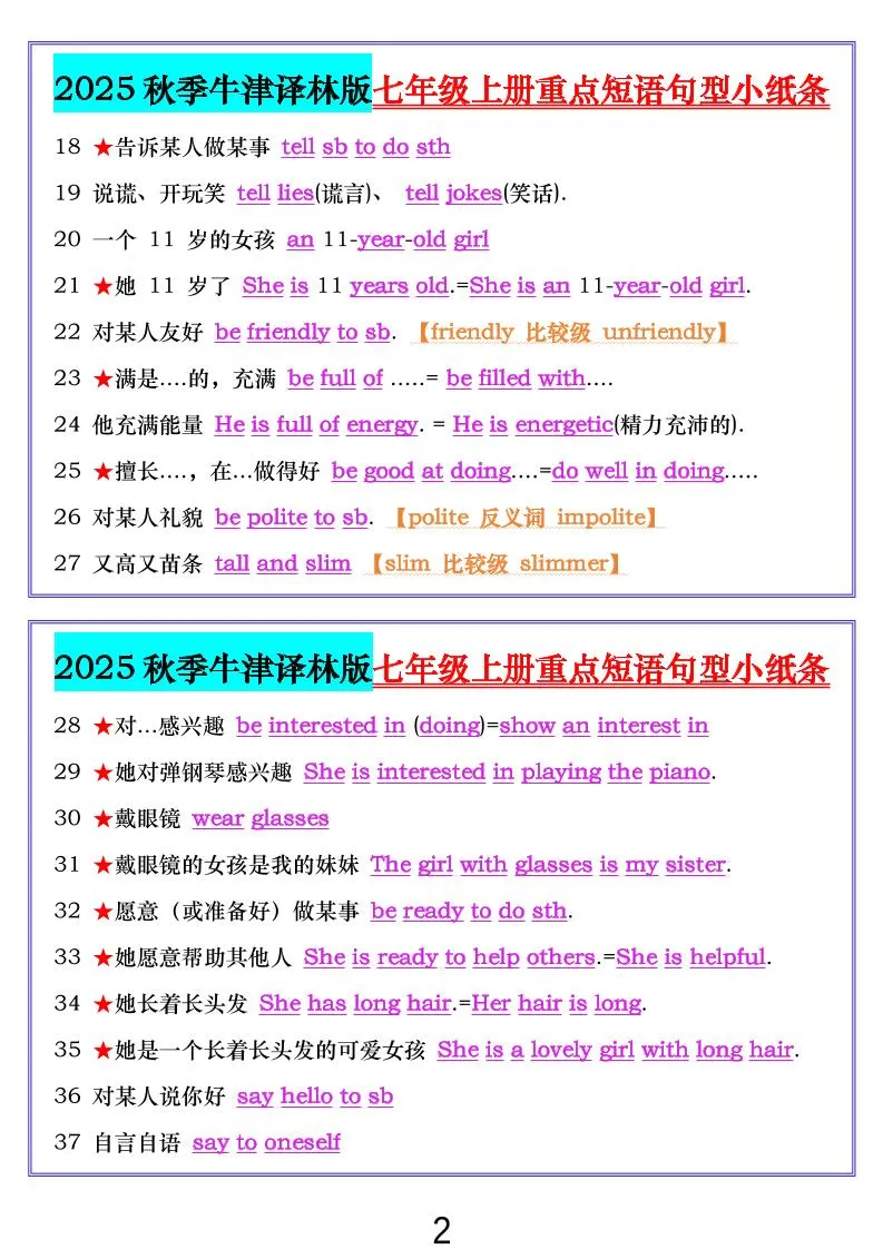 七年级上英语重点短语句型小纸条（牛津译林版）-网亿资源平台