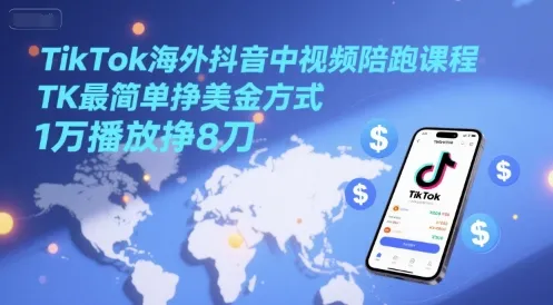 TikTok海外抖音中视频陪跑课程，TK最简单挣美金方式，1万播放挣8刀-网亿资源平台