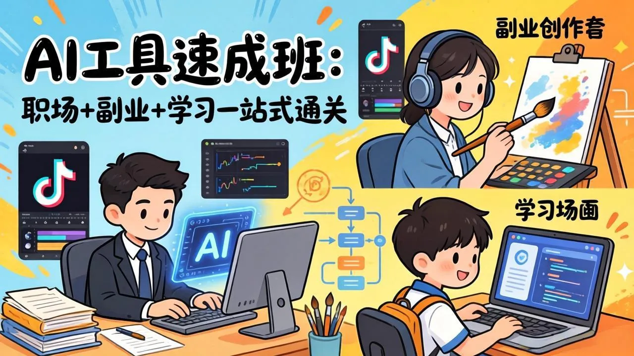 AI工具速成班：职场+副业+学习一站式通关，20+爆款类型+剪映技巧+抖音算法，0基础快速上手-网亿资源平台