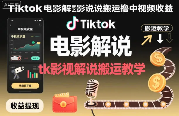 Tiktok电影解说搬运撸中视频收益，tk影视解说搬运教学-网亿资源平台