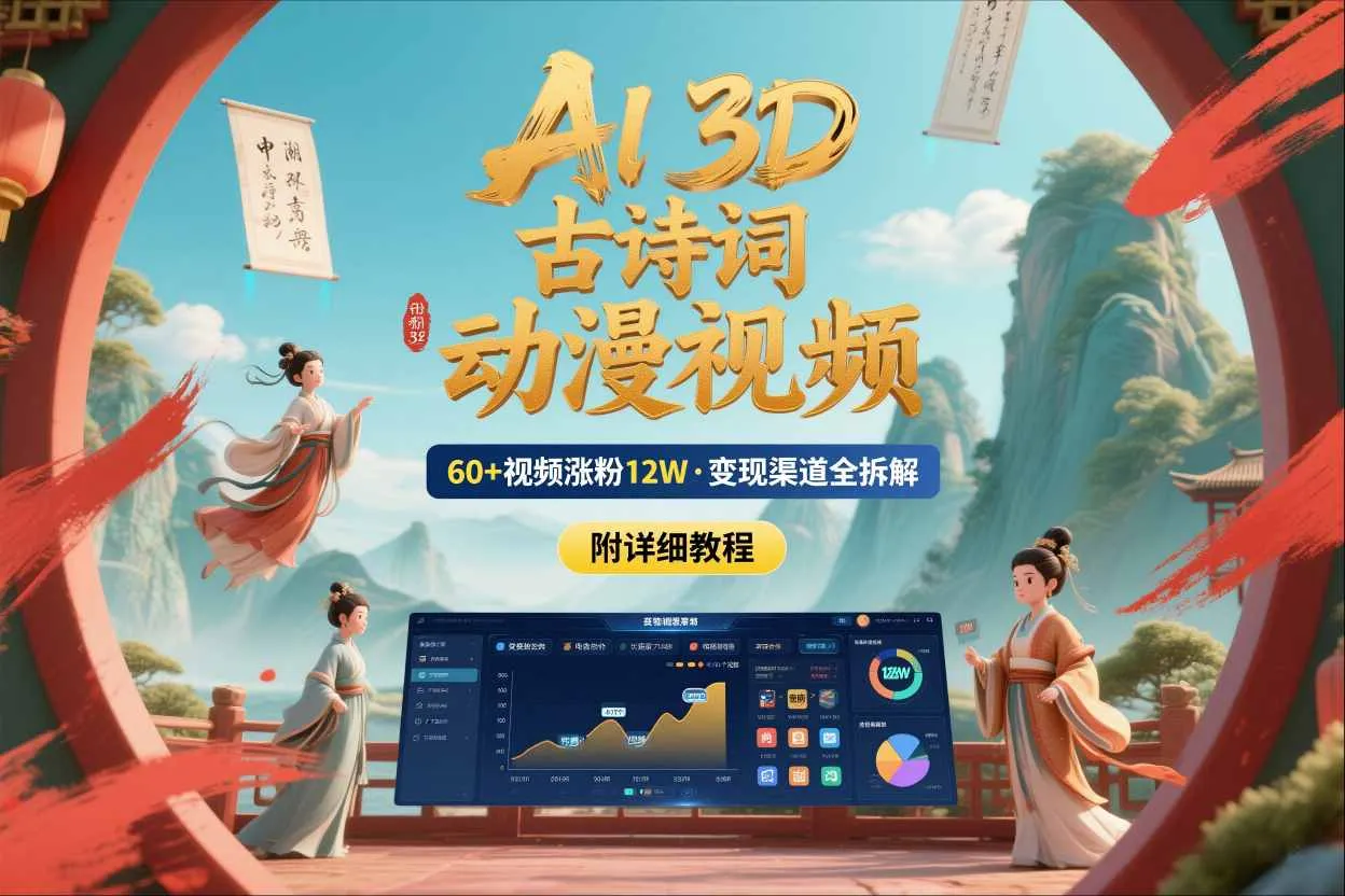 AI制作3D古诗词动漫视频，60多个视频涨粉12W，多个变现渠道拆解【附详细教程】-网亿资源平台