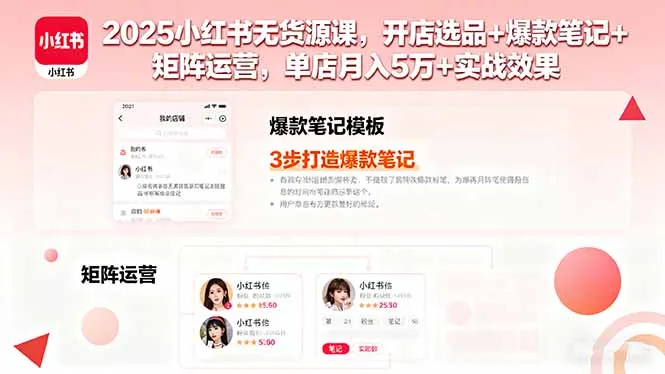 2025小红书无货源课，开店选品+爆款笔记+矩阵运营，单店月入5万+实战效果-网亿资源平台