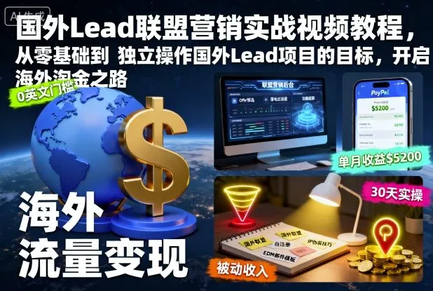 国外Lead联盟营销实战视频教程，从零基础到独立操作国外Lead项目的目标，开启海外淘金之路-网亿资源平台